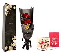 Fontee Bouquet Fiori Rose Placcato Oro, rose artificiali bouquet lamina d'oro con confezione regalo per Valentine's Day, festa della mamma, anniversario, compleanno, Natale (Rosso)