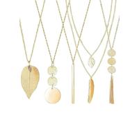 Fonyiunce 5 Pezzi Set Collane, Collana Donna Lunga Semplice Set di Gioielli Elegante, Parure Gioielli Donna Bohémien, Oro Pendente Bar Piuma Cerchio Foglia Lucchetto Nappa per Usura Quotidiana Cena