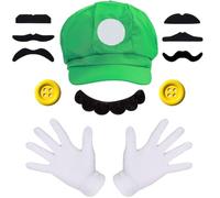 Fonyiunce Costumi Accessori, Cappello Mario con 2 Guanti, 7 Barba e 2 Bottoni Decorazione, Mario Costume Accessories set, per Costume Carnevale Halloween Cosplay Bambino Uomo Donna (verde)