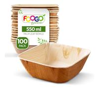 FOOGO Green 100 Ciotole Monouso in Foglia di Palma, 13 cm, 550 ml, Dessert e Insalate, Quadrate, Biodegradabili come le Ciotole in Legno, Bambù e Carta, per Feste, Aperitivi e Stuzzichini