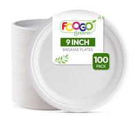 FOOGO Green 100 Piatti Monouso in Fibra di Canna da Zucchero, 23 cm, Biodegradabili, Compostabili, Tondi Grandi, Piatti Carta Robusti, per Picnic, Feste, Aperitivi, Stuzzichini