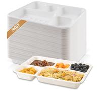 FOOGO Green 50 grandi piatti usa e getta con scomparti, 28 x 20 cm, 5 scomparti, piatti in canna da zucchero, bagassa, suddivisori per cibi caldi, piatti porzionati, ecologici e compostabili