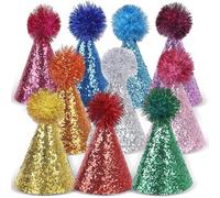 Foonary 10 mini cappelli da festa con animali - Cappello regolabile con glitter con pompon, per gatti, cani e animali di peluche, design amorevole, decorazione per feste per bambini, adulti