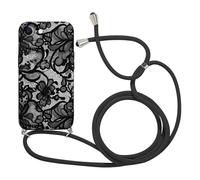 Foonary Pizzo Cover con Cordino per iPhone 17e/iPhone 16e, Custodia con Aesthetic Lace Fiore Estivi Motivo Laccio Collana Tracolla, Silicone Necklace Regolabile Corda Case per iPhone SE 4 6,1", Nero