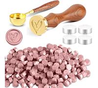 Foonii Lot di 200 perline di ceralacca con 1 sigillo, 1 cucchiaino per sciogliere, 4 candele - Set di perline di cera per sigilli per buste, inviti, carte, regali (cuore, rosa)