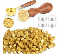 Foonii Set di Timbro Ceralacca, con 200 Perline di Cera per Sigillo, 1 Timbro sigillo per Ceralacca, 1 Cucchiaio, 4 Candele, per Buste/inviti/Biglietti/Regalo - (Cuore, Oro Ambrato)