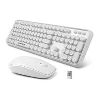 FOPETT Combo tastiera e mouse wireless, 2,4 G, tastiera bianca con tasti rotondi, 104 tasti, tastiera per computer portatile/Windows/PC, bianco