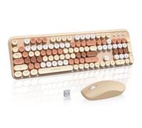 FOPETT Set tastiera e mouse wireless da 2,4 GHz con pulsante interruttore, tastiera full-size, compatibile per Windows/laptop/PC/notebook/Smart TV e altro ancora, colore tè al latte