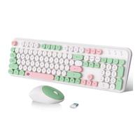 FOPETT Set tastiera e mouse wireless da 2,4 GHz con pulsante interruttore, tastiera full-size, compatibile per Windows/laptop/PC/notebook/Smart TV e altro ancora, bianco e verde