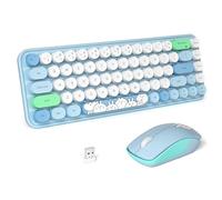 FOPETT Tastiera e mouse wireless carino mouse e tastiera wireless 2.4 G con 68 tasti colorati macchina da scrivere retrò rotonda keycap per PC, laptop, tablet, computer Windows - blu colorato