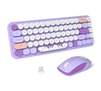 FOPETT Tastiera e mouse wireless carino mouse e tastiera wireless 2.4 G con 68 tasti colorati macchina da scrivere retrò rotonda keycap per PC, laptop, tablet, computer Windows, viola colorato