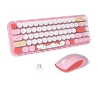 FOPETT Tastiera e mouse wireless carino mouse e tastiera wireless 2.4 G con 68 tasti colorati macchina da scrivere retrò rotonda keycap per PC, laptop, tablet, computer Windows - rosa colorato