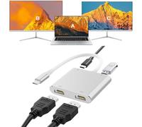 Fophmo Adattatore USB C a doppio HDMI, argento, 4K a 60 Hz con PD da 100 W, USB-A, compatibile con splitter C a 2 HD e schermo esteso per dispositivi di tipo C (MST non compatibile con macOS).