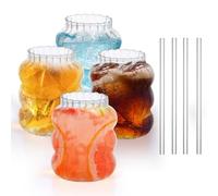 Foppla Set di 8 bicchieri in vetro a coste, 650 ml, creativi, ondulati, bicchieri in vetro trasparente, cannucce per caffè, cocktail, succo, acqua, soda tè