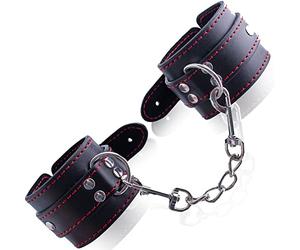 Fops Manette Nere per Bondage 20 cm - Manette BDSM in PVC con Cucitura Rossa - Accessorio per Coppie e Giochi di Restrizione B01-6