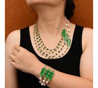 FOPURE Jewelry 4 Rows Cultured White Keshi Pearl Green Crystal Bezel Set Chain Green Cat Eye Connector Necklace Bracelet Sets(Sets)