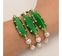 FOPURE Jewelry 4 Rows Cultured White Keshi Pearl Green Crystal Bezel Set Chain Green Cat Eye Connector Necklace Bracelet Sets(Bracelet)