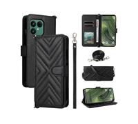 For Fairphone 6 Case with Shoulder / Wrist Strap Leather Phone Cover Stand Wallet Black