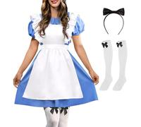 For G and PL Costume da bambina per carnevale, cosplay, con colletto Peter Pan, con grembiule, a maniche corte, abito midi blu chiaro e bianco, XXL