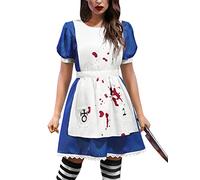 For G and PL Women Halloween Adult Scary Cosplay Puff Sleeve Dress Bloody Apron Creepy Doll Aliec One Piece Maid Costume Blue S
