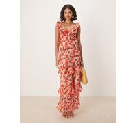 For Love & Lemons - Ambrosia - Vestito lungo rosso con schiena scoperta e volant 2XS