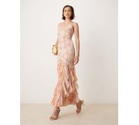 For Love & Lemons - Elea - Vestito lungo pesca a fiori con lacci sul retro e volant-Rosa S