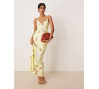 For Love & Lemons - Huda - Vestito sottoveste lungo giallo con stampa di cartoline-Multicolore L