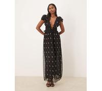 For Love & Lemons - Poppy - Vestito lungo a pieghe in pizzo nero-Marrone 2XS