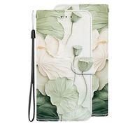 for OPPO Reno4 Z 5GPortafoglio Custodia in Pelle con 3 scomparti per carte di credito,con Cinturino da Polso Magnetica， Foglia e fiore di loto verde Cover per OPPO Reno4 Z 5G / OPPO A92s