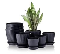 FORAGIFT Confezione da 8 Vasi per Piante da Interno, 19/17,5/16,5/16/14/13/11,5/10cm, Vasi per Fiori in Plastica Scanalature a Righe con Fori di Drenaggio e Sottovaso, Nero