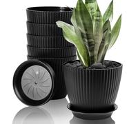 FORAGIFT Vasi per Piante da Interno di 15cm - Set di 6 con Fori di Drenaggio e Sottovaso, Plastica Rigata Decorativa Nero