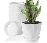 FORAGIFT Vasi per Piante da Interno di 15cm - Set di 6 con Fori di Drenaggio e Sottovaso, Plastica Rigata Decorativa Bianco