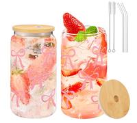 Forbabe 2 bicchieri in vetro con coperchio e cannuccia, 500 ml, elegante Bow Cup per caffè, soda cocktail e altri bicchieri in vetro con fiocco rosa