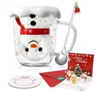 Forbabe Bicchieri da caffè a doppia parete, 300 ml, set regalo con coperchio, cucchiaio, sottovaso, carta termica con manico, dolce pupazzo di neve, tazza di Natale per cappuccino, latte e tè
