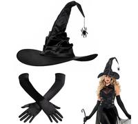 Forbabe Cappello da strega con ciondolo a ragno e guanti lunghi 45 cm, set di cappelli da strega, accessorio per cosplay per Halloween, feste, Natale, Carnevale