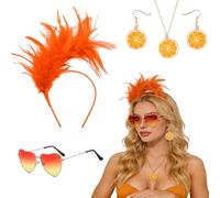 Forbabe Costume da Carnevale da donna, 4 pezzi, accessorio per costume arancione - Arancio piuma cerchietto per capelli a forma di cuore, orecchini divertenti, collana per costumi di carnevale per
