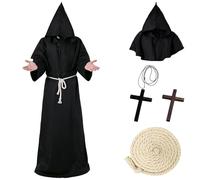 Forbabe Costume da monaco da uomo, abito da rinascimento medievale con cappuccio e croce, per feste a tema, cosplay, carnevale, nero, L
