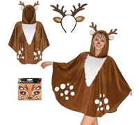 Forbabe Costume da renna da donna, con orecchie di renna, cerchietto e glitter per il viso, costume di capriolo per carnevale e feste
