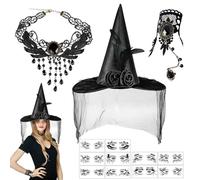 Forbabe Costume da strega per Halloween, da donna, con 1 cappello da strega nero, 1 collana con nappe gotiche, 1 braccialetti in pizzo e 10 tatuaggi facciali, costume da vampiro steampunk per