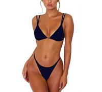 ForBeautyShe, Costume da Bagno da Donna Sexy con Perizoma in Due Pezzi Bikini con Spalline Doppie, Costume da Bagno a Triangolo - Nero - S