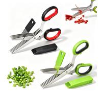 Forbici for erbe da cucina in acciaio inossidabile a 5 strati con pettine | Maniglia ergonomica offset, gadget da cucina for tritare basilico, coriandolo(Green+black(2pcs))