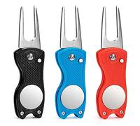 Forcelle da Golf, 3 Pezzi Strumento di Riparazione Divot Golf Marcatore Pallina Pieghevole, Golf Divot Repair Tool in Acciaio Inox con Pulsante Pop-up e Indicatore Magnetico Sfera, Blu Rosso Nero