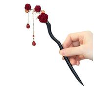 Forcina for capelli con fiore di rosa rossa, bastoncini legno, forchette, nappe, gioielli retrò, creatore chignon da donna