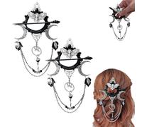Forcina Per Capelli Da Strega Della Dea Della Notte Fatta A Mano, Accessori Per Capelli Scuri Di Halloween, Forcina Per Capelli Gotica A Forma Di Mezzaluna Con Falena, Catene E Ciondoli