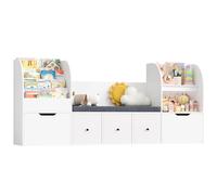 FOREHILL 180,5 Porta Giochi Bambini con Cuscini Sfoderabili, Organizer Giocattoli con 5 Contenitori, Scaffale Portagiochi Bambini con Libreria, per Cameretta e Sale Giochi, 180,5x35.2x80cm (Bianco)