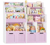 FOREHILL Libreria Montessoriana per Bambini, Porta Giochi Bambini a 4 Cassetti con Ruote Girevoli a 360°, Mobile Porta Giochi con Libreria a 3 Ripiani, 5 Scomparti Aperti, 125.5x40x120 cm (Lilla)