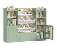 FOREHILL Libreria Montessoriana per Bambini, Porta Giochi Bambini a 6 Scatole, Organizer Giocattoli a Ripiani Regolabile, 7 Scomparti Aperti, per Cameretta e Sale Giochi, 140,5x33x108,2 cm (Verde)