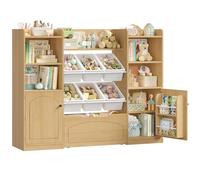 FOREHILL Libreria Montessoriana per Bambini, Porta Giochi Bambini a 6 Scatole, Organizer Giocattoli a Ripiani Regolabile, 7 Scomparti Aperti, per Cameretta e Sale Giochi, 140,5x33x108,2 cm (Rovere)