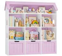 FOREHILL Libreria Montessoriana per Bambini, Scaffale Portagiochi con 6 Scomparti e 3 Cassetti, Contenitore Mobile con Ruote per Cameretta, Progettazione del Tetto, 120x30x117.5cm (Lilla)