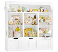 FOREHILL Libreria Montessoriana per Bambini, Scaffale Portagiochi con 6 Scomparti e 3 Cassetti, Contenitore Mobile con Ruote per Cameretta, Progettazione del Tetto, 120x30x117.5cm (Bianco)